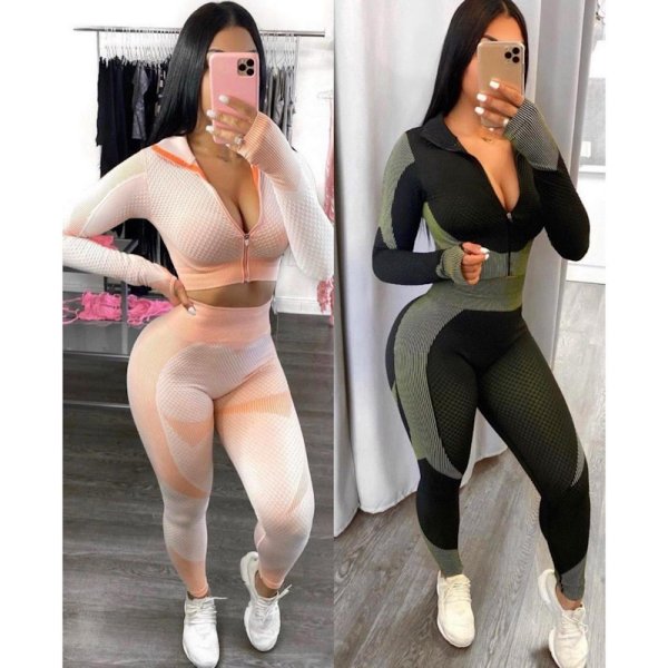 画像8: 【宅急便コンパクト対応】★Color5 #3208 SEAMLESS《BLACK×VOLT》zip-up長袖クロップトップス×2wayハイウエストレギンスセットアップ★ (8)